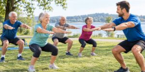 Gruppe Senioren beim Fitnesstraining am See unter Anleitung eines Trainers. Symbolbild: Sporttherapie, Bewegungstherapie (exercise therapy)